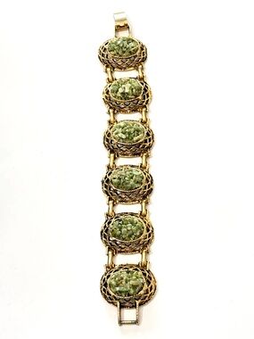Vintage 1960s Century Signed Jade Chip Gold Tone Panel Link Bracelet Statement